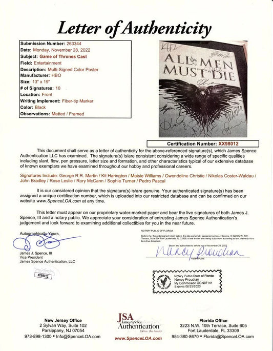 Game of Thrones cast autographed 2014 Comic-Con poster framed Kit Harington George R.R. Martin Pedro Pascal JSA - AutographsForSale.com