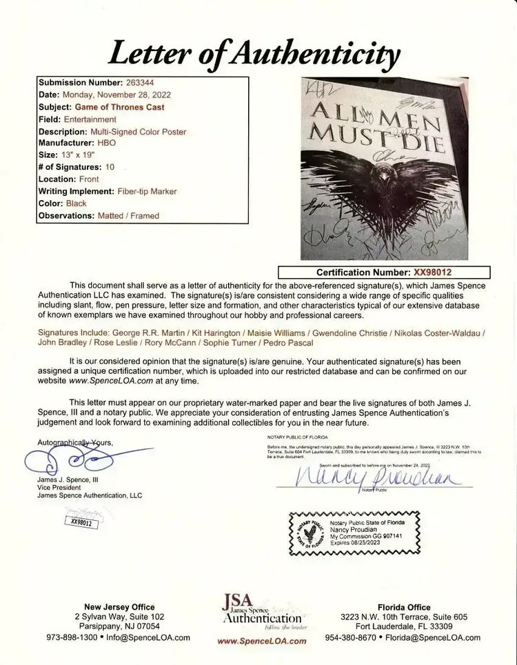 Game of Thrones cast signed 2014 SDCC poster framed Kit Harington George R.R. Martin Pedro Pascal JSA - AutographsForSale.com