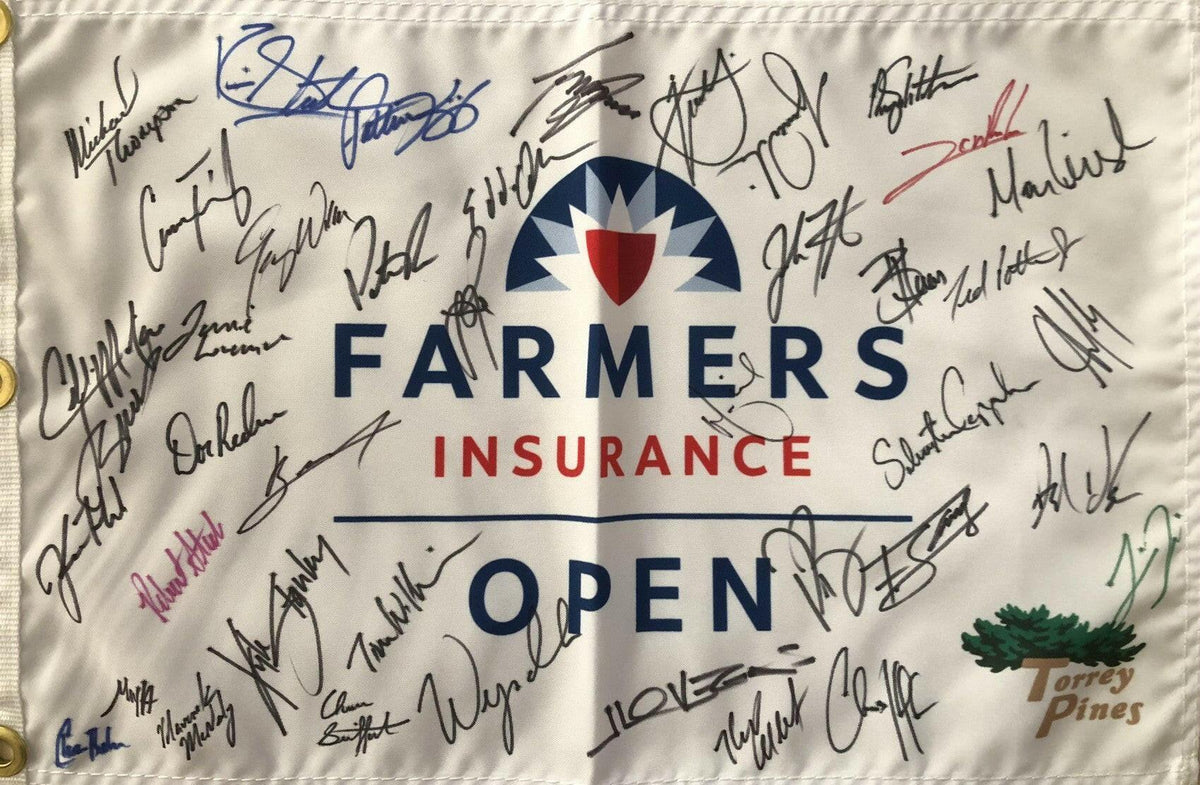 2020 Farmers Insurance Open signed flag Tiger Woods Collin Morikawa Rahm Spieth JSA - AutographsForSale.com