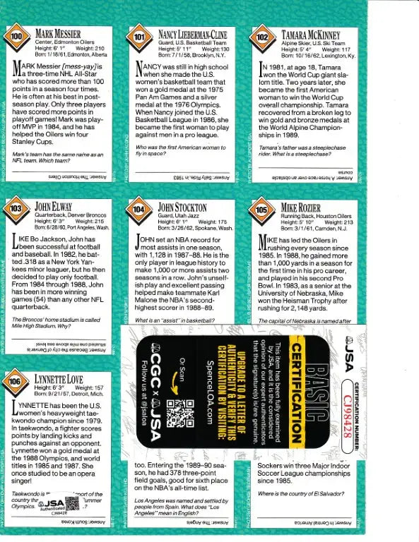 Signed 1989 SI for Kids card sheet John Elway Mark Messier JSA - AutographsForSale.com