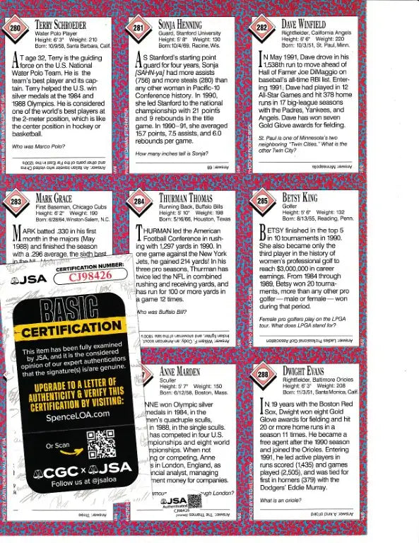 Signed 1991 SI for Kids card sheet Thurman Thomas Dave Winfield JSA - AutographsForSale.com