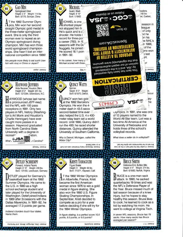 Signed 1992 SI for Kids card sheet Patrick Roy Bruce Smith JSA - AutographsForSale.com