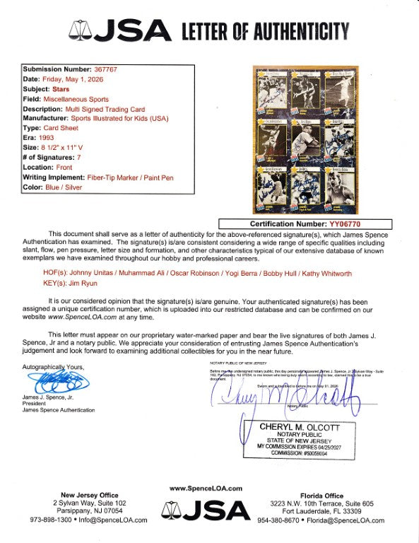 JSA Letter of Authenticity for multi-signed sports trading card sheet with 7 signatures including Muhammad Ali, Yogi Berra