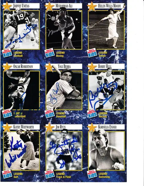 Signed sports legend trading cards featuring Muhammad Ali, Yogi Berra, Bobby Hull & more athletes