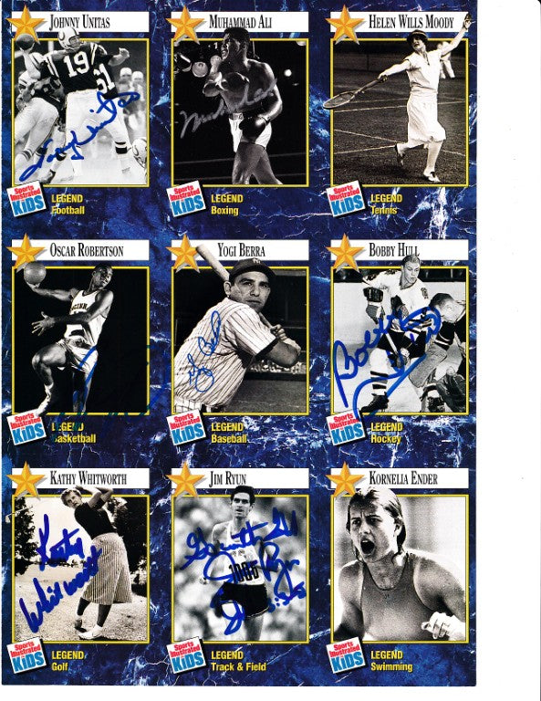 Signed sports legend trading cards featuring Muhammad Ali, Yogi Berra, Bobby Hull & more athletes