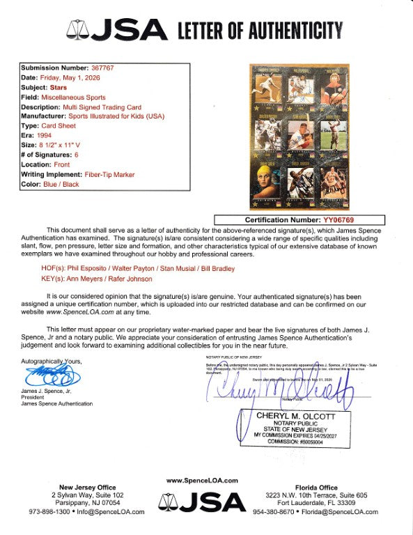 JSA Letter of Authenticity for multi-signed sports trading card with 6 autographs, certified by James Spence Authentication
