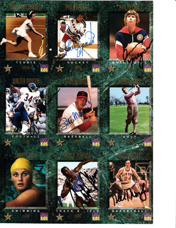 Signed sports trading cards featuring tennis, hockey, basketball, football, baseball, golf, swimming, track & field legends