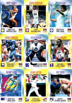 Sports Illustrated for Kids trading cards featuring athletes from NFL, NBA, MLB, NHL, tennis, soccer, skiing, marathon, and wrestling.