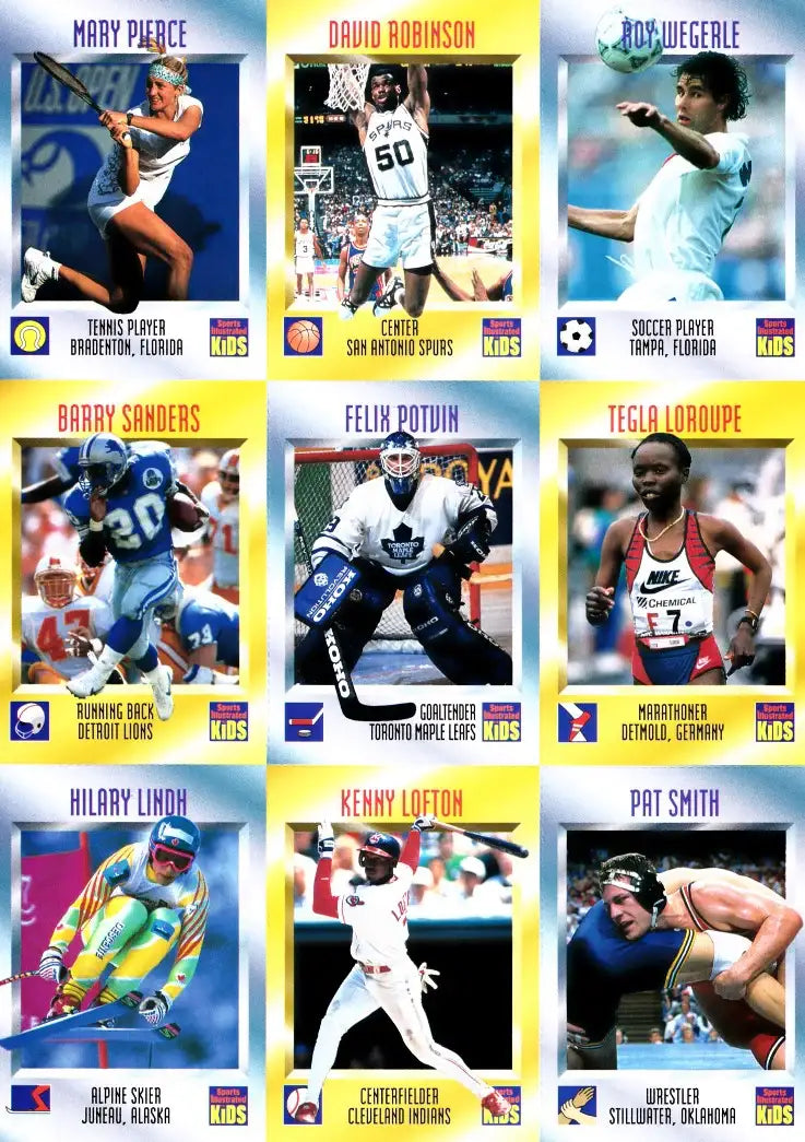 Sports Illustrated for Kids trading cards featuring athletes from NFL, NBA, MLB, NHL, tennis, soccer, skiing, marathon, and wrestling.