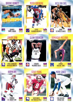 Sports Illustrated for Kids trading card sheet featuring athletes from NFL, NBA, MLB, NHL, Olympic sports.