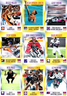 Vintage 1995 Sports Illustrated for Kids trading cards featuring athletes from NBA, NFL, MLB, NHL, golf, racing, and more.