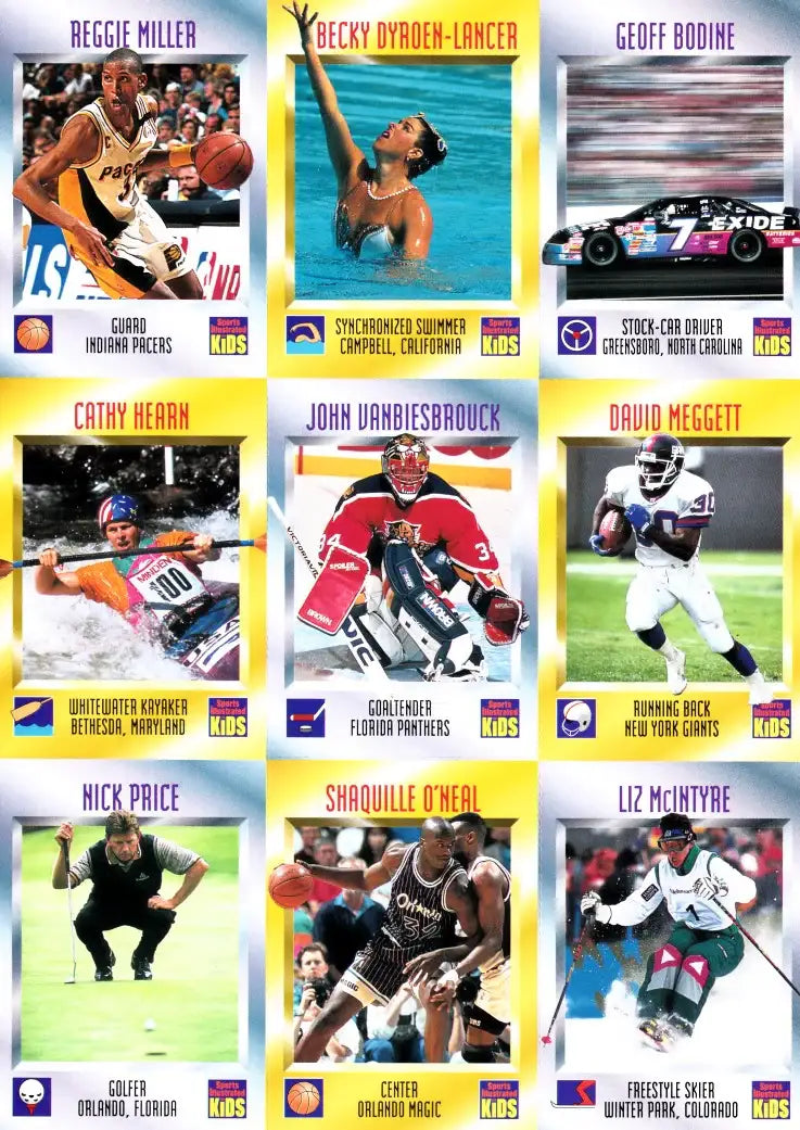 Vintage 1995 Sports Illustrated for Kids trading cards featuring athletes from NBA, NFL, MLB, NHL, golf, racing, and more.