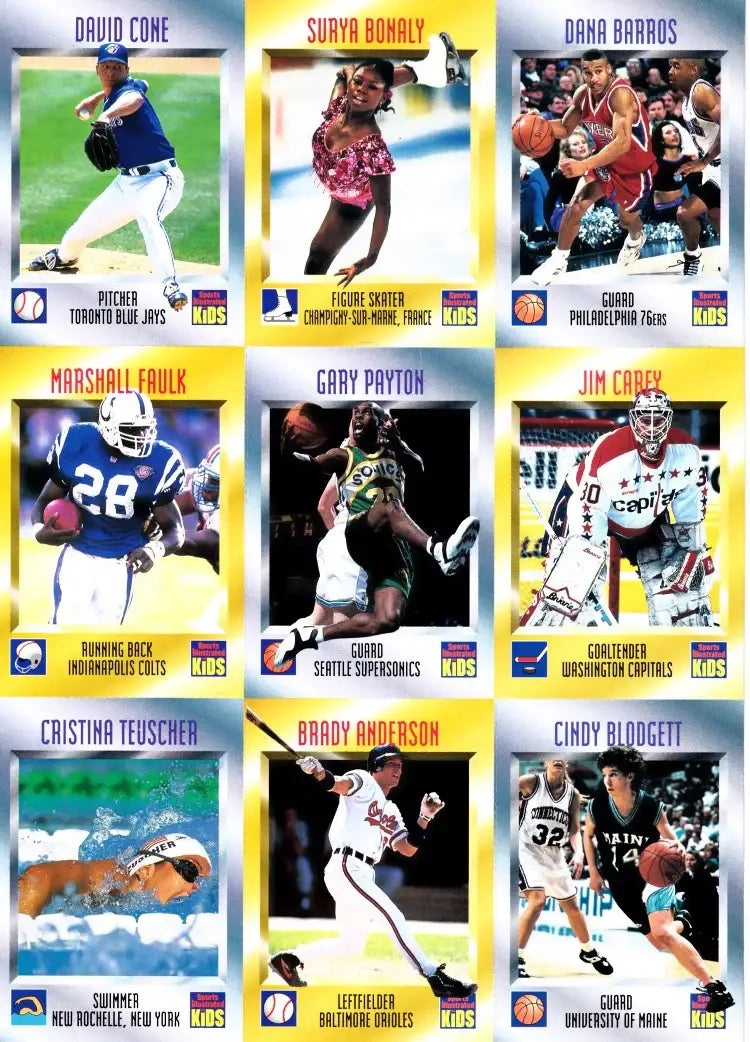 Sports trading cards featuring famous athletes like David Cone, Surya Bonaly, Gary Payton, Marshall Faulk, and more, displayed in a 3x3 grid. Authentic autographs and memorabilia from NFL, NBA, MLB, NHL, and Olympics available at AutographsForSale.com.
