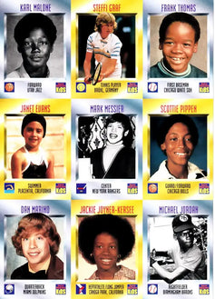 Nine vintage Sports Illustrated for Kids rookie cards featuring young sports legends including Karl Malone, Steffi Graf, Frank Thomas, Janet Evans, Mark Messier, Scottie Pippen, Dan Marino, Jackie Joyner-Kersee, and Michael Jordan. AutographsForSale.com memorabilia image.