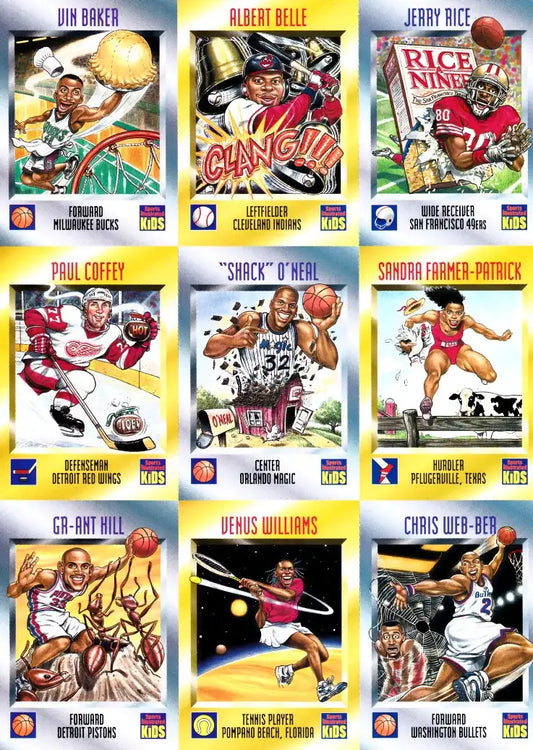 Sports Illustrated for Kids illustrated trading cards featuring famous athletes from NBA, NFL, MLB, NHL, and tennis, shown with playful cartoon art style.