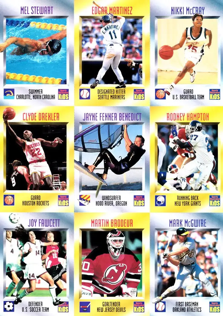 Sports Illustrated for Kids 1995 trading cards sheet with athletes from MLB, NBA, NFL, NHL, soccer, basketball, swimming, windsurfing.