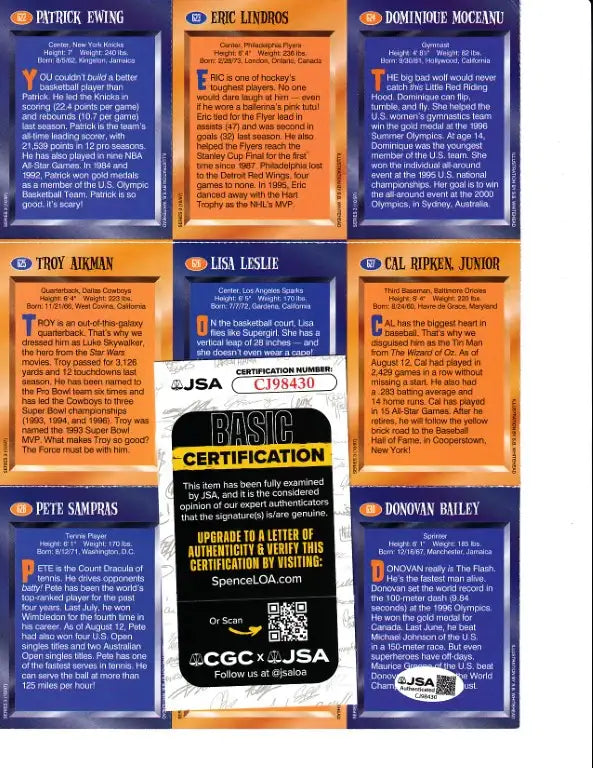 Signed 1997 SI for Kids card sheet Aikman Lindros Ripken Sampras JSA - AutographsForSale.com