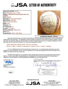 JSA authenticated 1998 World Series Yankees team-signed baseball with 21 signatures, red stitching, blue ink