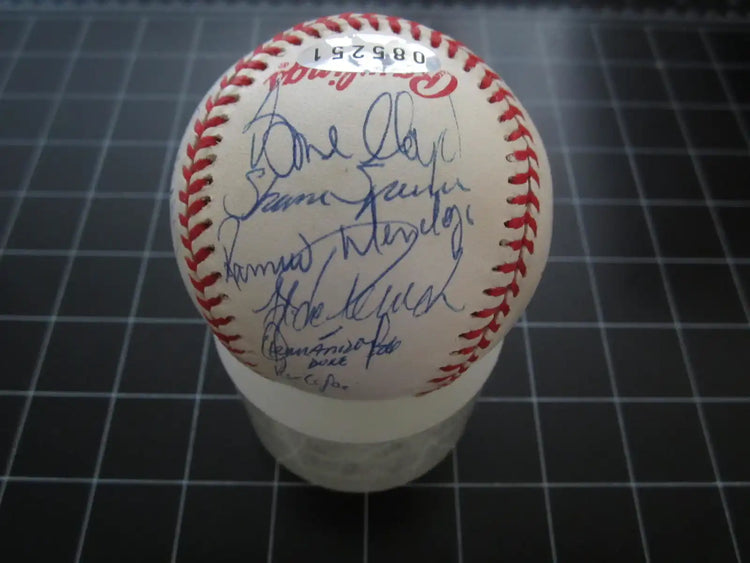 Official baseball with multiple MLB player autographs, displayed on a grid background