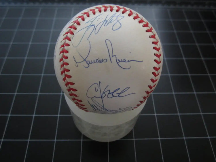 Official baseball featuring multiple autographs in blue ink, displayed on a grid surface
