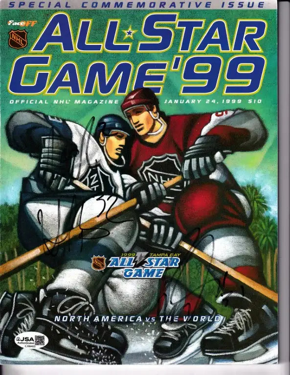 1999 NHL All-Star Game official program cover with hockey players, autographed, North America vs The World.