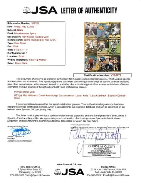 JSA Letter of Authenticity for multi-signed sports trading card, verified by James Spence Authentication