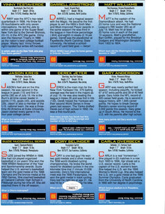 Vintage sports trivia cards featuring NFL, NBA, MLB players with stats and fun facts for collectors