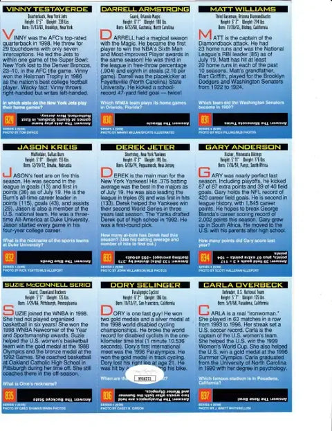 Vintage sports trivia cards featuring NFL, NBA, MLB players with stats and fun facts for collectors