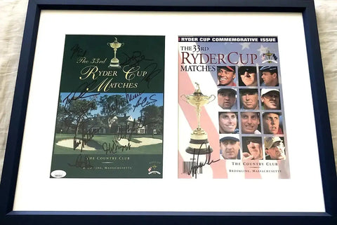 1999 US Ryder Cup team signed program covers framed JSA Tiger Woods - AutographsForSale.com