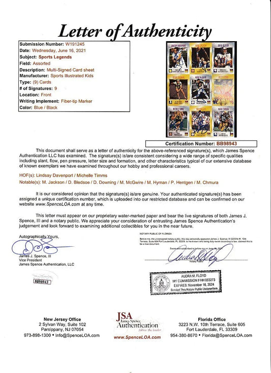 Signed 1997 SI for Kids card sheet Drew Bledsoe Mark McGwire Michele Timms JSA - AutographsForSale.com