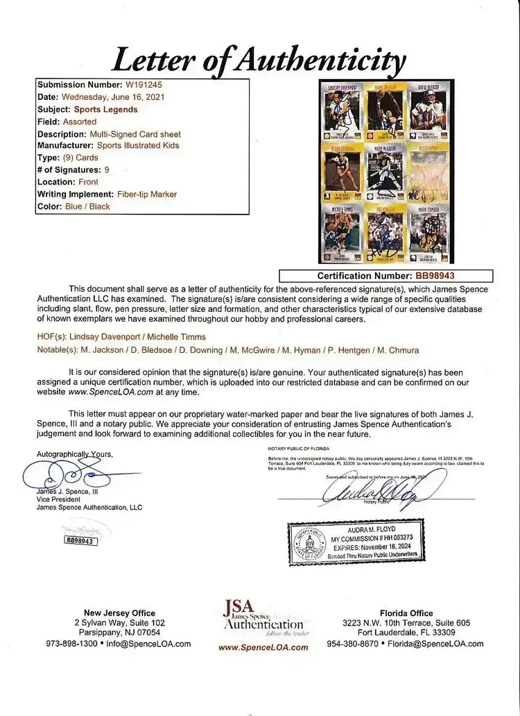 Signed 1997 SI for Kids card sheet Drew Bledsoe Mark McGwire Michele Timms JSA - AutographsForSale.com