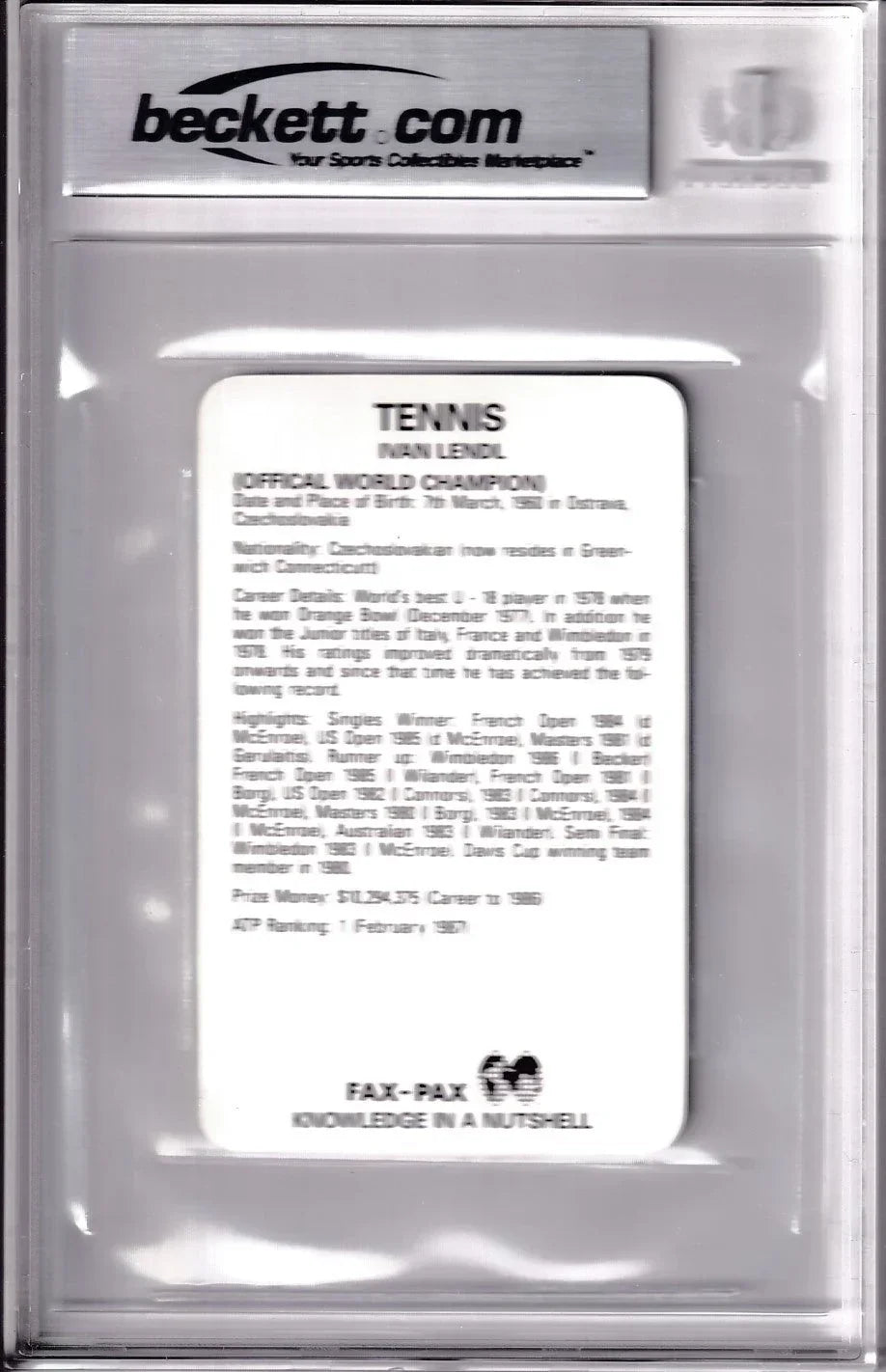 Ivan Lendl signed 1986 Fax Pax tennis card BAS certified grade 10 - AutographsForSale.com