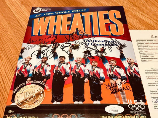 1996 US Olympic Gymnastics Magnificent 7 Gold Medal team signed Wheaties box JSA - AutographsForSale.com
