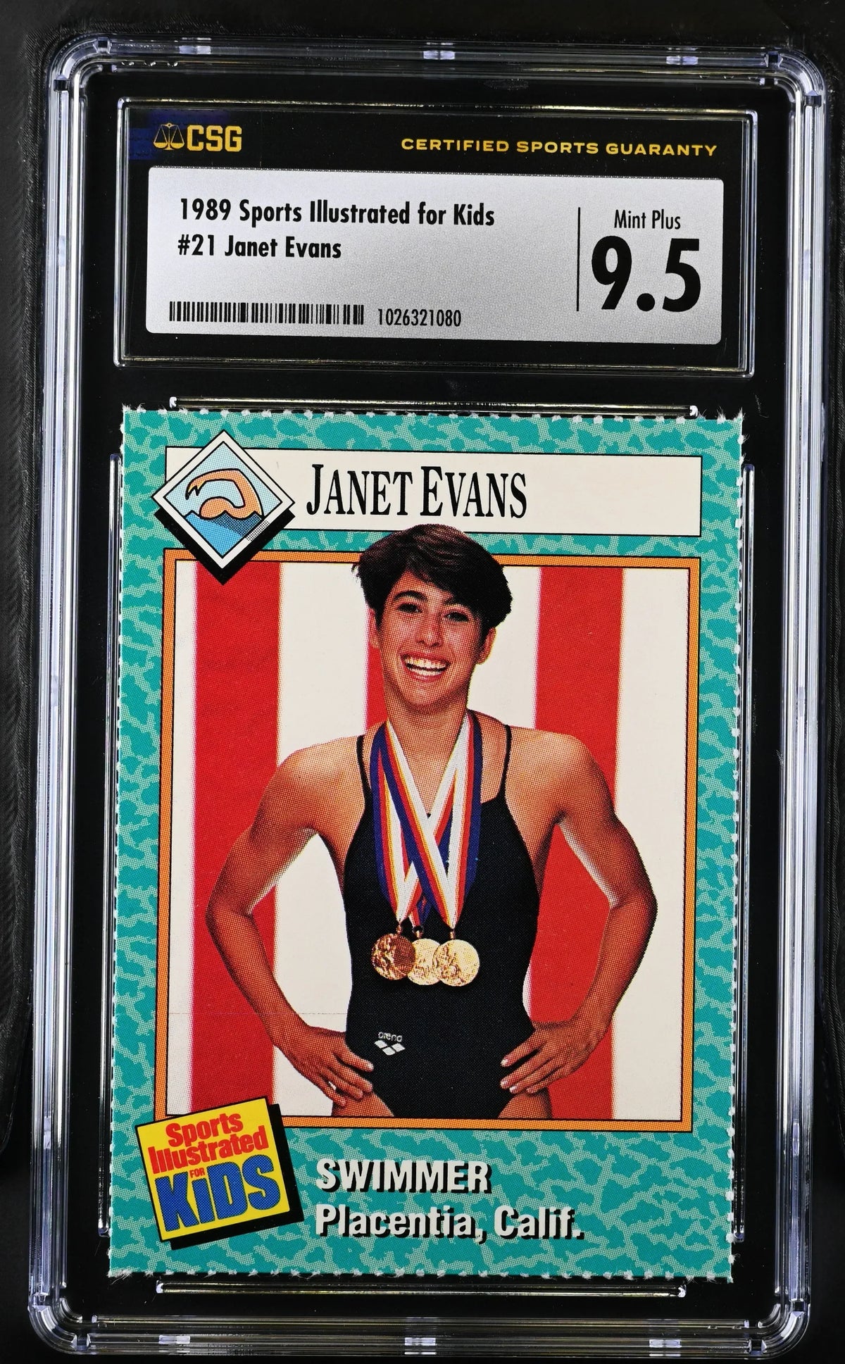 Janet Evans 1989 Sports Illustrated for Kids swimming Rookie Card CSG graded 9.5 MINT+ - AutographsForSale.com