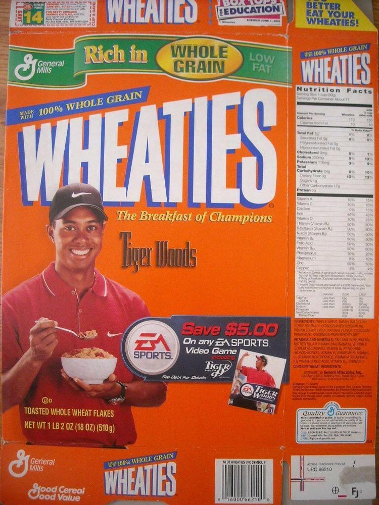 Tiger Woods 1999 Wheaties commemorative cereal box (EA Sports offer) - AutographsForSale.com