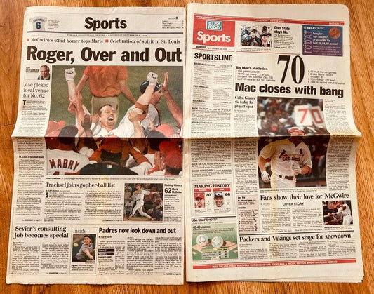 Mark McGwire St Louis Cardinals HR 62 & 70 1998 newspapers - AutographsForSale.com