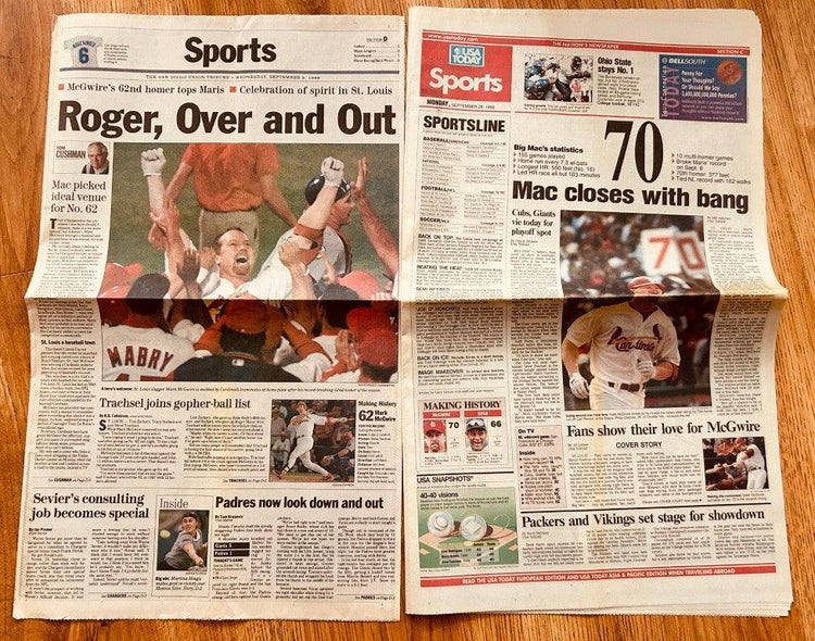 Mark McGwire St Louis Cardinals HR 62 & 70 1998 newspapers - AutographsForSale.com