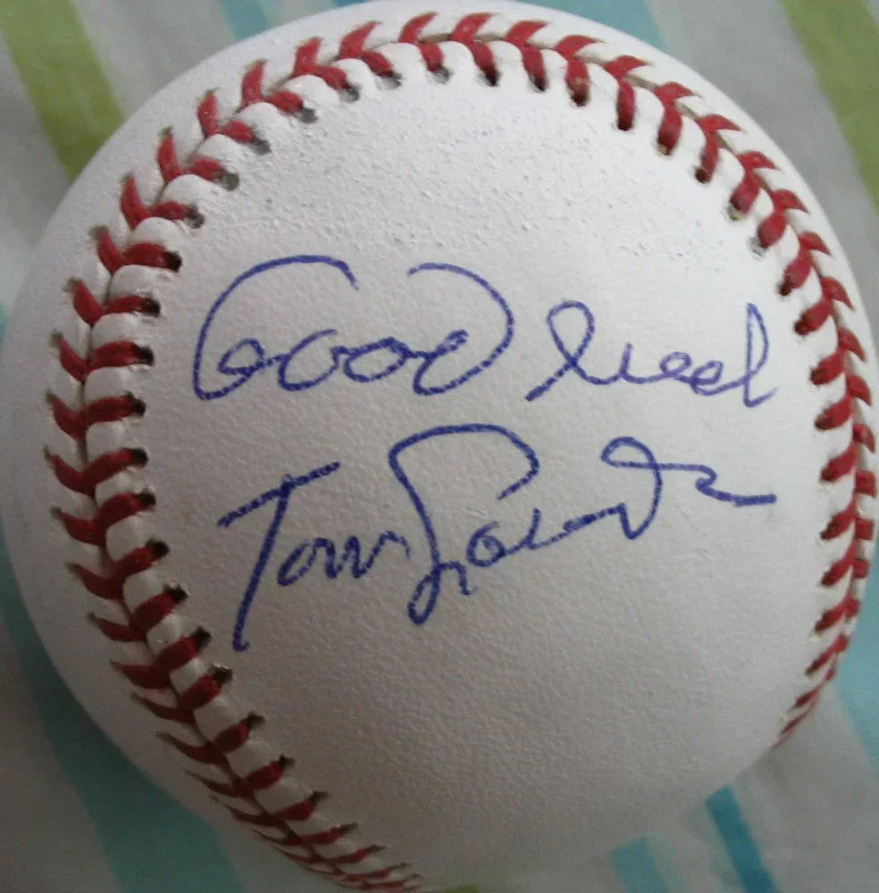 Tom Lasorda autographed National League Baseball inscribed Good Luck JSA Dodgers - AutographsForSale.com