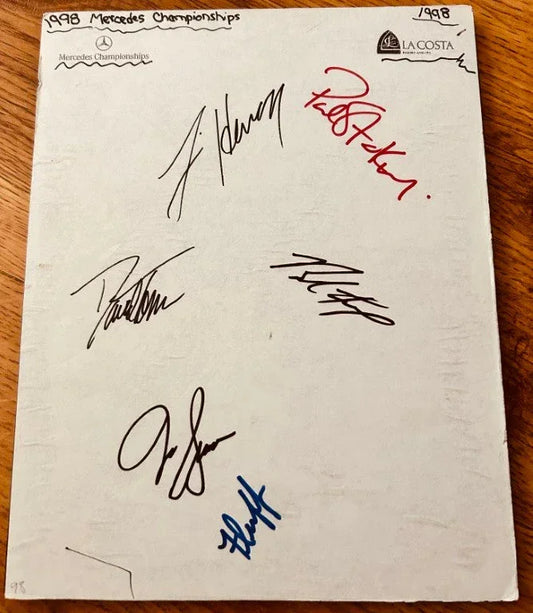 Signed 1997 & 1998 Mercedes Championships pages Fluff Cowan Justin Leonard Willie Wood - AutographsForSale.com