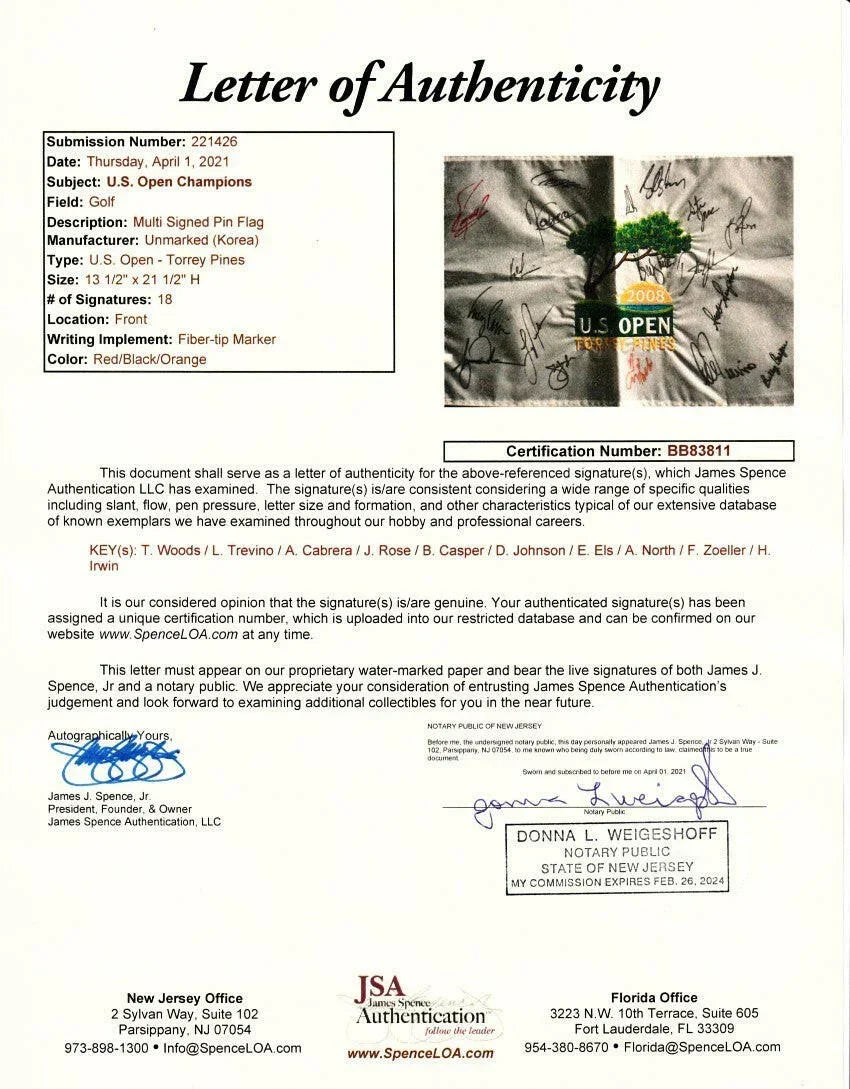 2008 US Open golf flag signed by 18 winners Tiger Woods Dustin Johnson Lee Trevino JSA - AutographsForSale.com