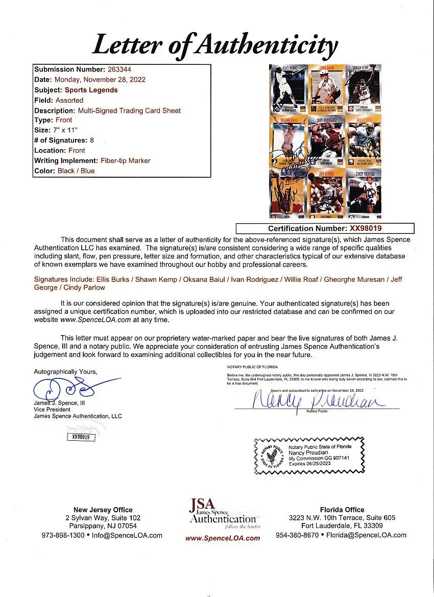 Signed 1996 SI for Kids card sheet Oksana Baiul Shawn Kemp Ivan Rodriguez JSA - AutographsForSale.com
