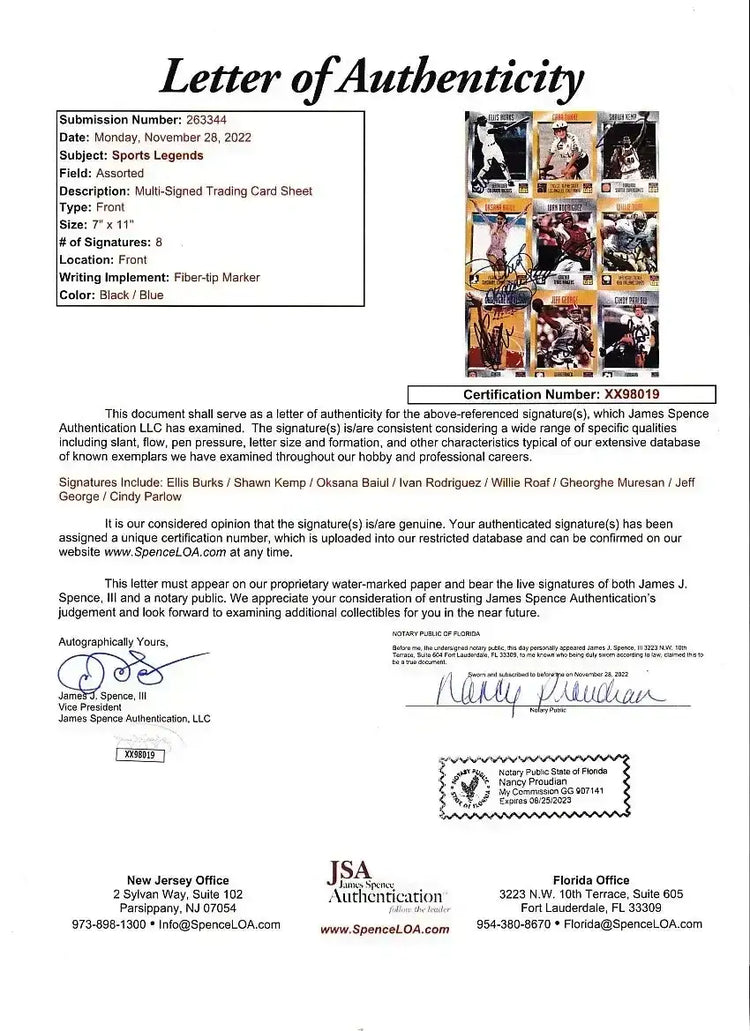 Signed 1996 SI for Kids card sheet Oksana Baiul Shawn Kemp Ivan Rodriguez JSA - AutographsForSale.com