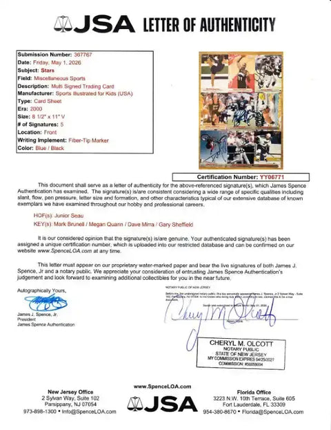 JSA Letter of Authenticity for multi-signed sports trading card, certified autograph with hologram and notary seal