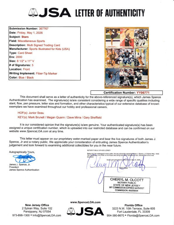 JSA Letter of Authenticity for multi-signed sports trading card, certified autograph with hologram and notary seal