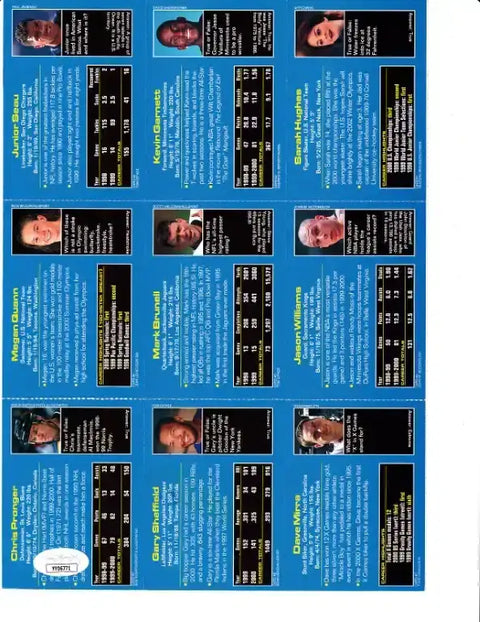 Autographed sports trading cards featuring NFL, NBA, MLB, NHL, and Olympic athletes with stats and bios