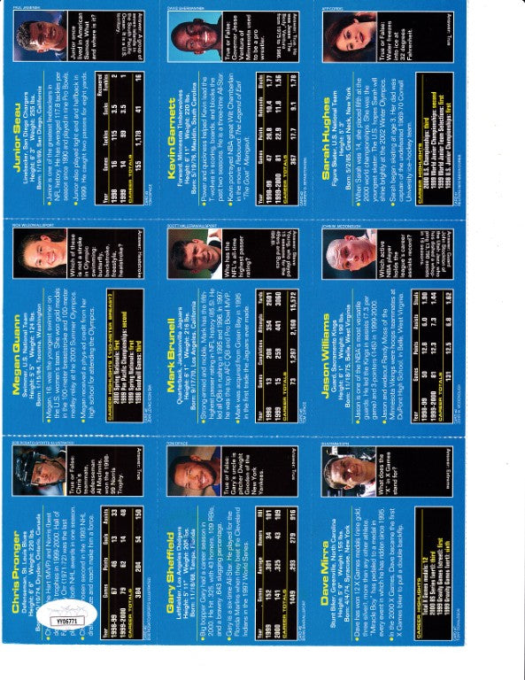 Autographed sports trading cards featuring NFL, NBA, MLB, NHL, and Olympic athletes with stats and bios