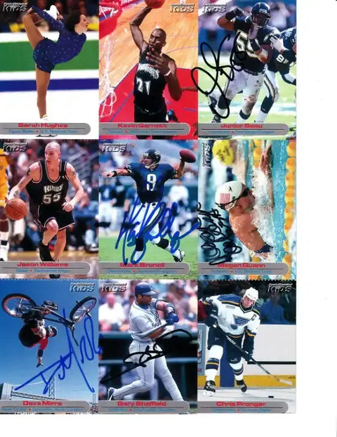 Signed sports trading cards featuring autographs from NFL, NBA, MLB, NHL, and Olympic athletes like Kevin Garnett and Sarah Hughes