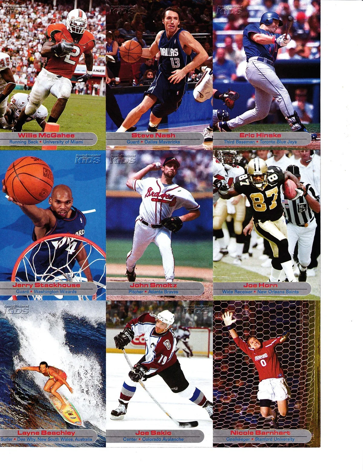 Willis McGahee RC Steve Nash Joe Sakic John Smoltz 2003 SI for Kids card sheet - AutographsForSale.com