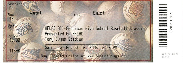 AFLAC All-American High School Baseball Classic ticket, Tony Gwynn Stadium, Aug 12 2006, Section P4
