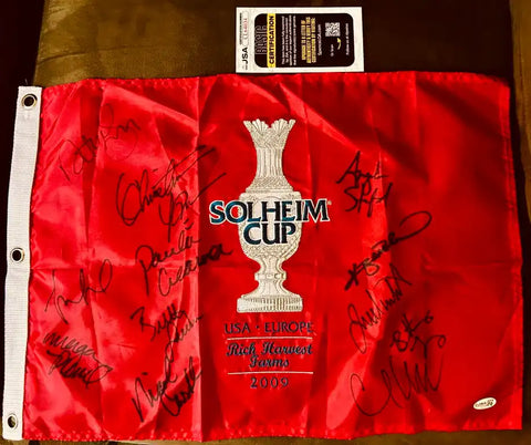 Autographed 2009 Solheim Cup flag with USA vs Europe signatures, certified authentic memorabilia